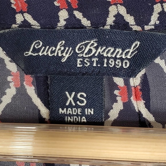 Lucky Brand Diamond Pattern Peasant Top Beaded Navy Red White Size XS - Picture 7 of 11